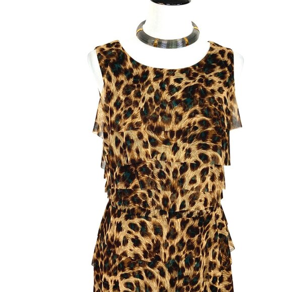 New Kay Unger Tiered Ruffle Mesh Leopard Pattern Sleeveless Dress Large - Picture 3 of 16